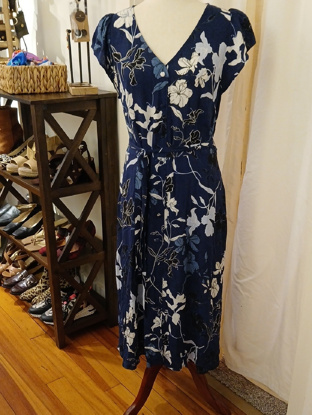 Talbots Navy Floral V-Neck Wrap-Style Midi Dress